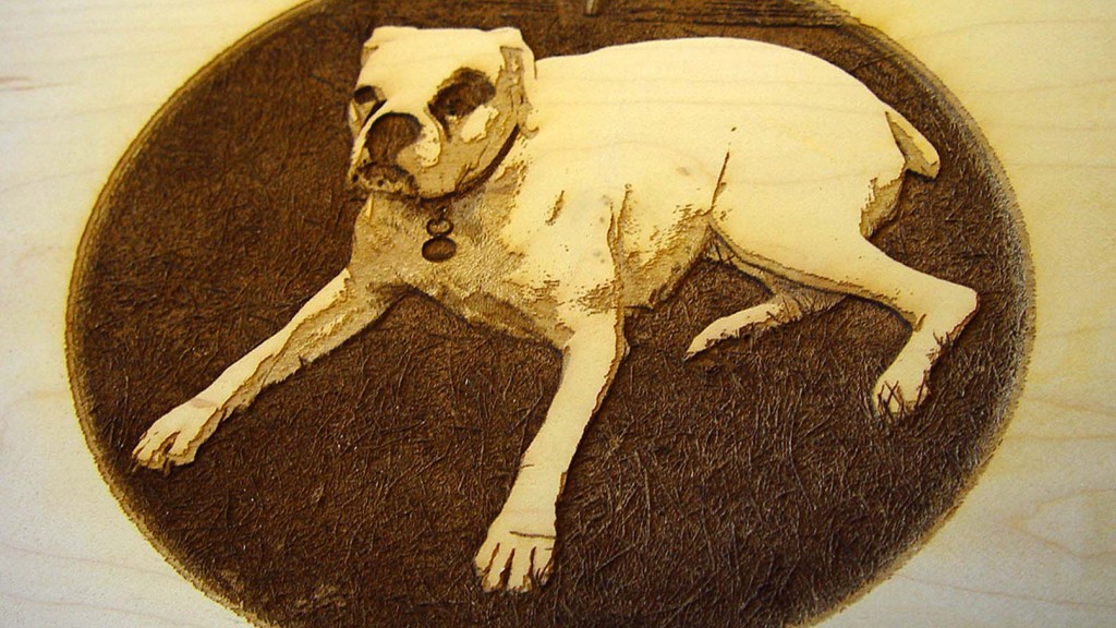 Laser photo imaging, a portrait etched onto veneered MDF